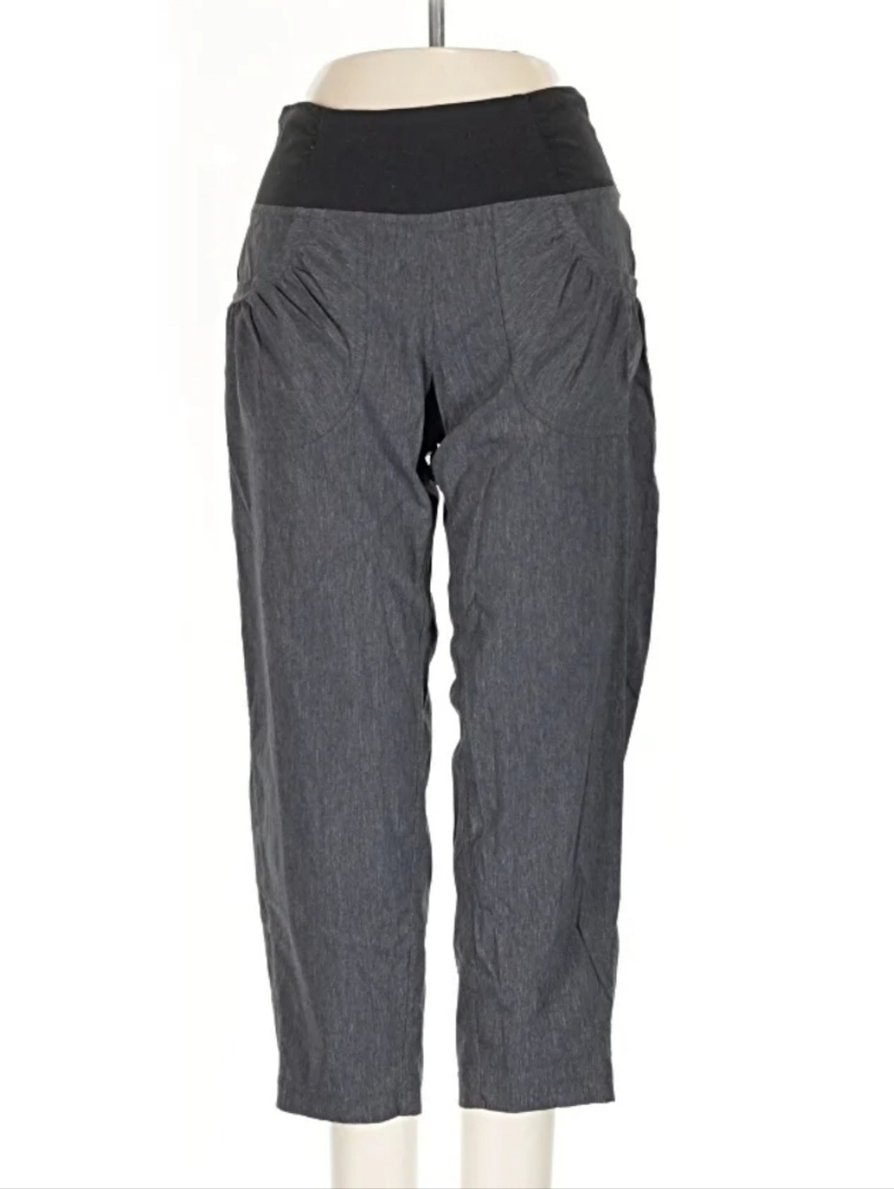 PrAna Gray Cropped Yoga Pants with Black Fold-Over Waistband